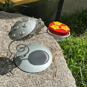 1  HUM-Drum™  Hand Held Hummingbird Feeder W/Perch On Whimsical Ladybug Holder, repurposed Metal
