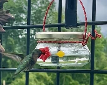 Op de afbeelding: Een kolibrie die nectar drinkt uit een glazen kolibrievoeder die aan een zwart metalen hek hangt. De voeder is versierd met een rode bloem en een gele sticker. De achtergrond is een groen grasveld.
