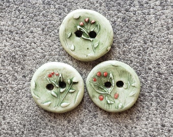 Ceramic Buttons, Handmade Buttons, Floral Buttons, Green Buttons, Button Sets, Sewing Supplies, Sewing Notions