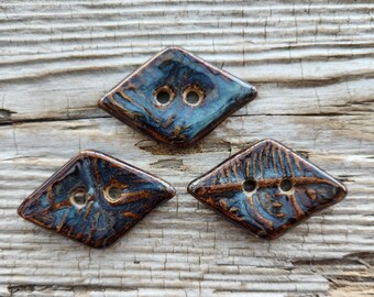 Blue Buttons, Diamond Shaped Buttons, Handmade Ceramic Buttons, Sewing Notions