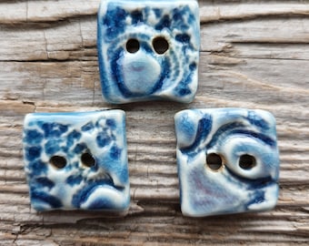 Handmade Ceramic Buttons, Blue Buttons, Square Buttons, Sewing Supplies