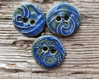 Blue Buttons, Handmade Ceramic Buttons, Sewing Supplies
