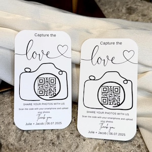 Tarjetas con código QR "Captura el amor" para fotos de boda, letrero de boda personalizado, comparte recuerdos, tarjetas minimalistas para subir fotos, impresión y envío.
