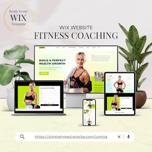 May include: A promotional image for a Wix website template for fitness coaching. The image displays a desktop computer, laptop, tablet, and smartphone, each showcasing the website design. The text includes "WIX WEBSITE FITNESS COACHING" and "BUILD A PERFECT HEALTH GROWTH."