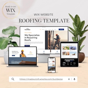 Puede incluir: Una plantilla de sitio web de Wix para techos que se muestra en una computadora portátil, un monitor de escritorio, una tableta y un teléfono inteligente. El sitio web muestra una empresa de techado con el texto "We Specialize in Repairing Roofs". La plantilla incluye el texto "Ready to use WIX Template."
