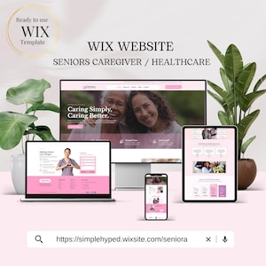 Puede incluir: Una maqueta digital de un diseño de sitio web para personas mayores y atención médica. El diseño se muestra en una computadora portátil, un monitor de escritorio, una tableta y un teléfono inteligente. El sitio web presenta un esquema de color rosa y blanco con el texto "Caring Simply, Caring Better."