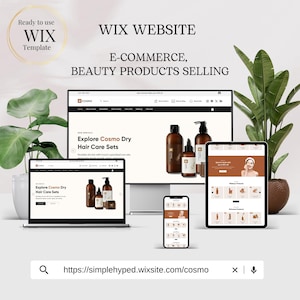 Könnte beinhalten: Ein digitales Mockup einer Wix-Website für E-Commerce, die Schönheitsprodukte verkauft. Die Website wird auf einem Desktop-Computer, Laptop, Tablet und Smartphone angezeigt. Der Text auf dem Bildschirm lautet "Explore Cosmo Dry Hair Care Sets."