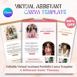 Może przedstawiać: Szablon Canva dla portfolio Wirtualnego Asystenta, z czterema motywami kolorystycznymi. Projekt zawiera tekst "Virtual Assistant Canva Template" i "Jessica Thornton". R&oacute;żowe koło wskazuje 60% zniżki.