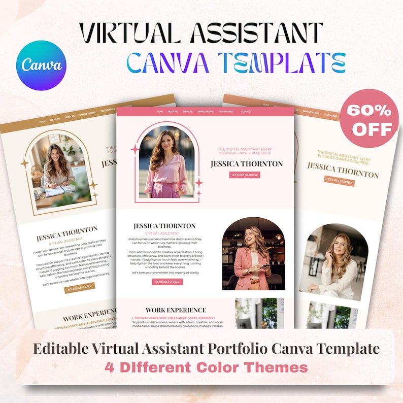 Może przedstawiać: Szablon Canva dla portfolio Wirtualnego Asystenta, z czterema motywami kolorystycznymi. Projekt zawiera tekst "Virtual Assistant Canva Template" i "Jessica Thornton". R&oacute;żowe koło wskazuje 60% zniżki.