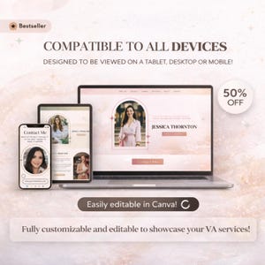 May include: A digital marketing template displayed on a smartphone, tablet, and laptop. The design features a woman's portrait, the text "JESSICA THORNTON", and the words "Contact Me". The image also includes the text "Compatible to all devices" and "50% OFF".