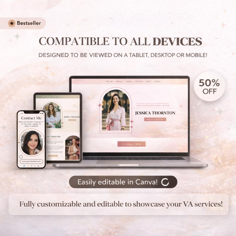 Może przedstawiać: Szablon marketingu cyfrowego wyświetlany na smartfonie, tablecie i laptopie. Projekt przedstawia portret kobiety, tekst "JESSICA THORNTON" oraz słowa "Contact Me". Obraz zawiera r&oacute;wnież tekst "Kompatybilny ze wszystkimi urządzeniami" i "50% zniżki".