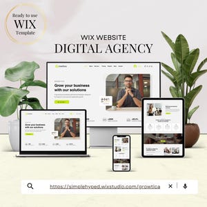 May include: An advertisement for a digital agency, showcasing a website design across multiple devices: a laptop, desktop, tablet, and smartphone. The text includes "WIX WEBSITE DIGITAL AGENCY".