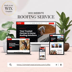 May include: A website design for a roofing service, displayed on a desktop computer, laptop, tablet, and smartphone. The website features the text "Ruffer" and "Roofing Service". The website showcases images of roofing work and the text "Your Trusted Partner in Home Roofing Solutions."