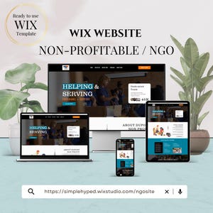 May include: A digital mockup of a Wix website template for non-profit organizations. The design is displayed on a laptop, desktop monitor, tablet, and smartphone. The website features the text "Helping & Serving" and "Programs + Support". The URL is visible at the bottom.