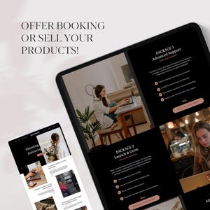 May include: Two black tablet screens displaying a website for a business offering social media marketing services. The website features two packages: Advanced Support and Launch & Grow. Each package includes a list of services and a price. The text "OFFER BOOKING OR SELL YOUR PRODUCTS!" is displayed at the top of the image.