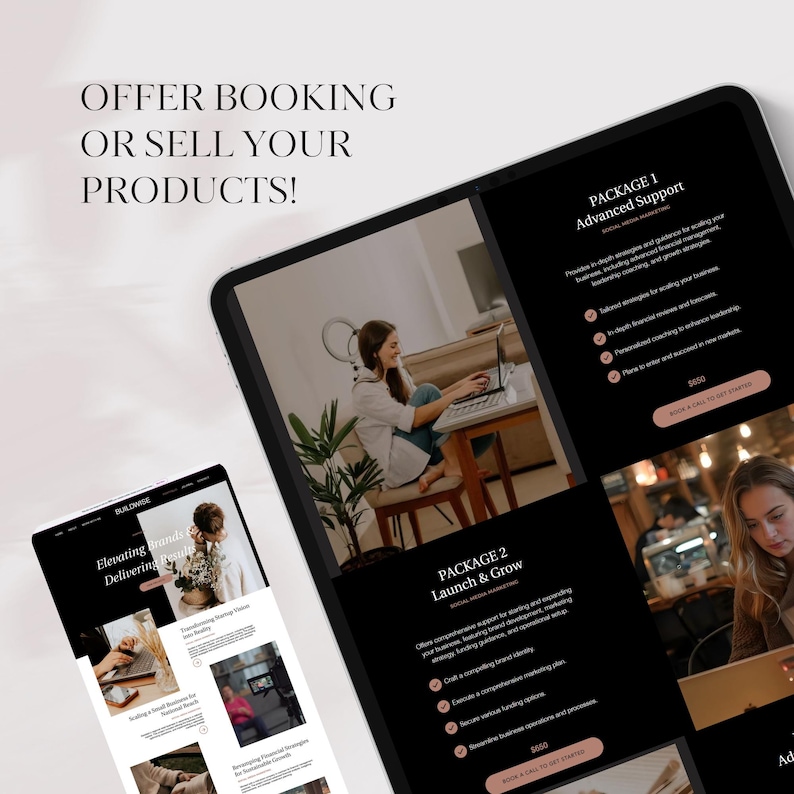 May include: Two black tablet screens displaying a website for a business offering social media marketing services. The website features two packages: Advanced Support and Launch & Grow. Each package includes a list of services and a price. The text "OFFER BOOKING OR SELL YOUR PRODUCTS!" is displayed at the top of the image.
