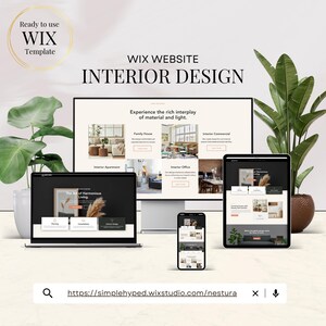 May include: A digital display of a Wix website template for interior design, featuring a laptop, desktop monitor, tablet, and smartphone. The website displays interior design concepts and the text "Interior Design". The image includes plants.