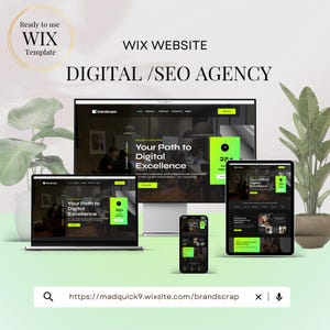 May include: A digital marketing agency advertisement featuring a website design on a desktop computer, laptop, tablet, and smartphone. The website design has a black and green color scheme with the text "Your Path to Digital Excellence". The text "Ready to use WIX Template" is also visible.