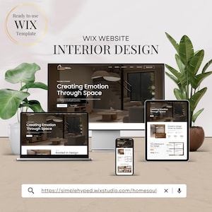 Puede incluir: Una maqueta digital que muestra una plantilla de sitio web Wix para diseño de interiores. La imagen muestra una computadora portátil, una computadora de escritorio, una tableta y un teléfono inteligente, cada uno mostrando el diseño del sitio web. El texto "Creating Emotion Through Space" es visible.