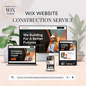May include: A promotional image for a construction service, showcasing a Wix website template. The design features a desktop computer, laptop, tablet, and smartphone displaying the website's interface. The text reads "We Building For A Better Futures."