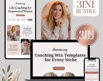 May include: A digital marketing bundle featuring a laptop, tablet, and smartphone displaying website templates and life coaching services. The text reads "Life Coaching for Empowered Women" and "Coaching Wix Templates for Every Niche."