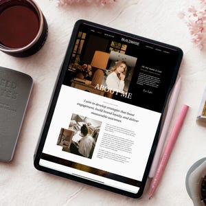 May include: A website homepage with a black background and white text. The website is for a business called Buildwise. The homepage features a photo of a woman with a light brown background and a photo of a woman working at a desk with a light brown background. The text on the homepage says "Hi, my name is Li Tayler" and "ABOUT ME". The text also says "I aim to develop strategies that boost engagement, build brand loyalty, and deliver measurable outcomes."