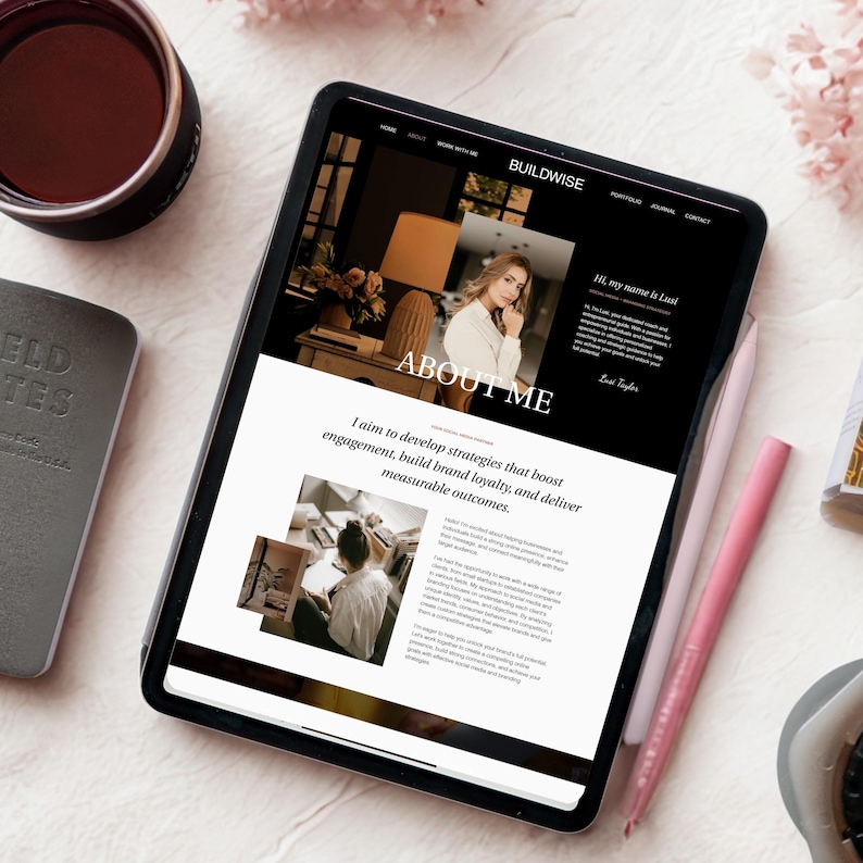May include: A website homepage with a black background and white text. The website is for a business called Buildwise. The homepage features a photo of a woman with a light brown background and a photo of a woman working at a desk with a light brown background. The text on the homepage says "Hi, my name is Li Tayler" and "ABOUT ME". The text also says "I aim to develop strategies that boost engagement, build brand loyalty, and deliver measurable outcomes."