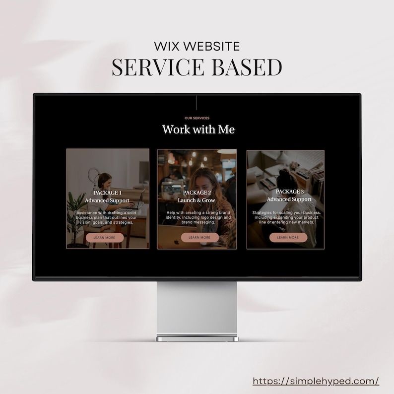 May include: A black computer screen displaying a Wix website for a service-based business. The website features three packages: Advanced Support, Launch & Grow, and Advanced Support. Each package includes a description and a "Learn More" button.