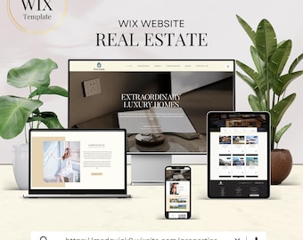 Op de afbeelding: Een website-mockup voor een vastgoedbedrijf. De website wordt weergegeven op een laptop, tablet en smartphone. De website heeft een modern ontwerp met een focus op luxe woningen. De URL van de website is https://madquick9.wixsite.com/properties.