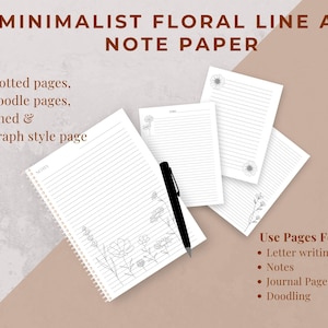 Könnte beinhalten: Weiße Notizpapierblätter mit schwarzen floralen Linienzeichnungen, horizontalen Linien sowie dem Text "NOTES" und "DATE". Ein schwarzer Stift liegt auf dem größten Blatt. Der Text "MINIMALIST FLORAL LINE ART NOTE PAPER", "Dotted pages, doodle pages, lined & graph style page" und "Use Pages For: Letter writing, Notes, Journal Pages, Doodling" ist sichtbar.