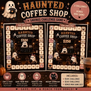 May include: A Haunted Coffee Shop savings challenge game set featuring two game boards for $500 and $250 goals. The boards display ghost illustrations, coffee cup icons, and numerical values. Includes text for challenges, a bonus mini game, and instructions.