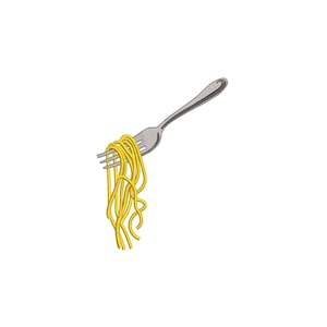 Könnte beinhalten: Eine silberne Gabel mit einer gelben Spaghetti-Strähne darauf.