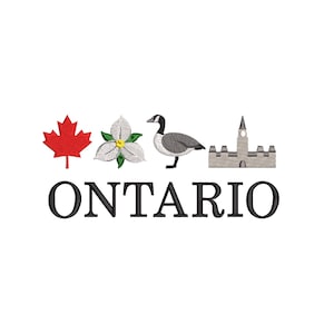 May include: An embroidery design featuring a red maple leaf, a white trillium flower with green leaves, a grey Canada goose, and a grey building silhouette above the black text ONTARIO in a serif font, all arranged in a horizontal line.