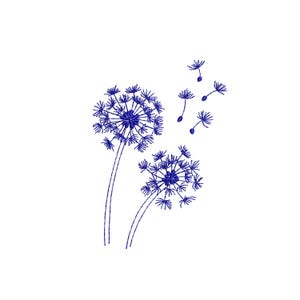 May include: A detailed illustration of two blue dandelions with delicate seed heads. Several seeds are shown blowing away from the flower. The image is set against a clean white background, emphasizing the intricate details of the floral design.