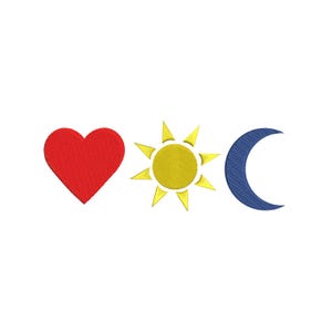 May include: A red heart, a yellow sun with rays, and a blue crescent moon.