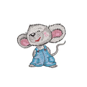 May include: A cartoon mouse wearing blue overalls with red straps and a pink blush on its cheek. The mouse has a gray body and pink ears.