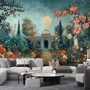 Indian Palace Wallpaper, Peel and Stick Removable Mural, Non Woven Wallpaper, Mughal Garden Wall Decor, Floral and Sun Mural