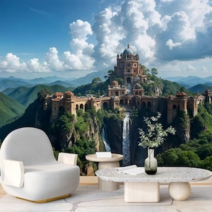 Fantasy Castle Peel and Stick Wallpaper, Magical Kingdom Non-Woven Wall Mural, Enchanted Landscape Vinyl Wallpaper Removable Fairytale Decor