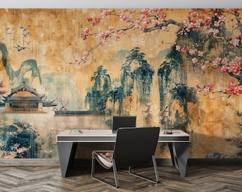 Hand-Painted Chinoiserie Wallpaper Mural: Vintage Asian Landscape Wall Art