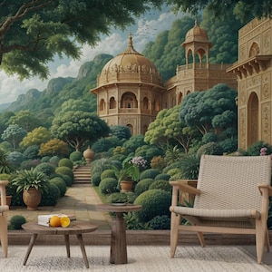 Carta da parati con giardino del tempio indiano lussureggiante di Jaipur, murale culturale floreale e con alberi del tempio, carta da parati moderna, decorazione murale rimovibile