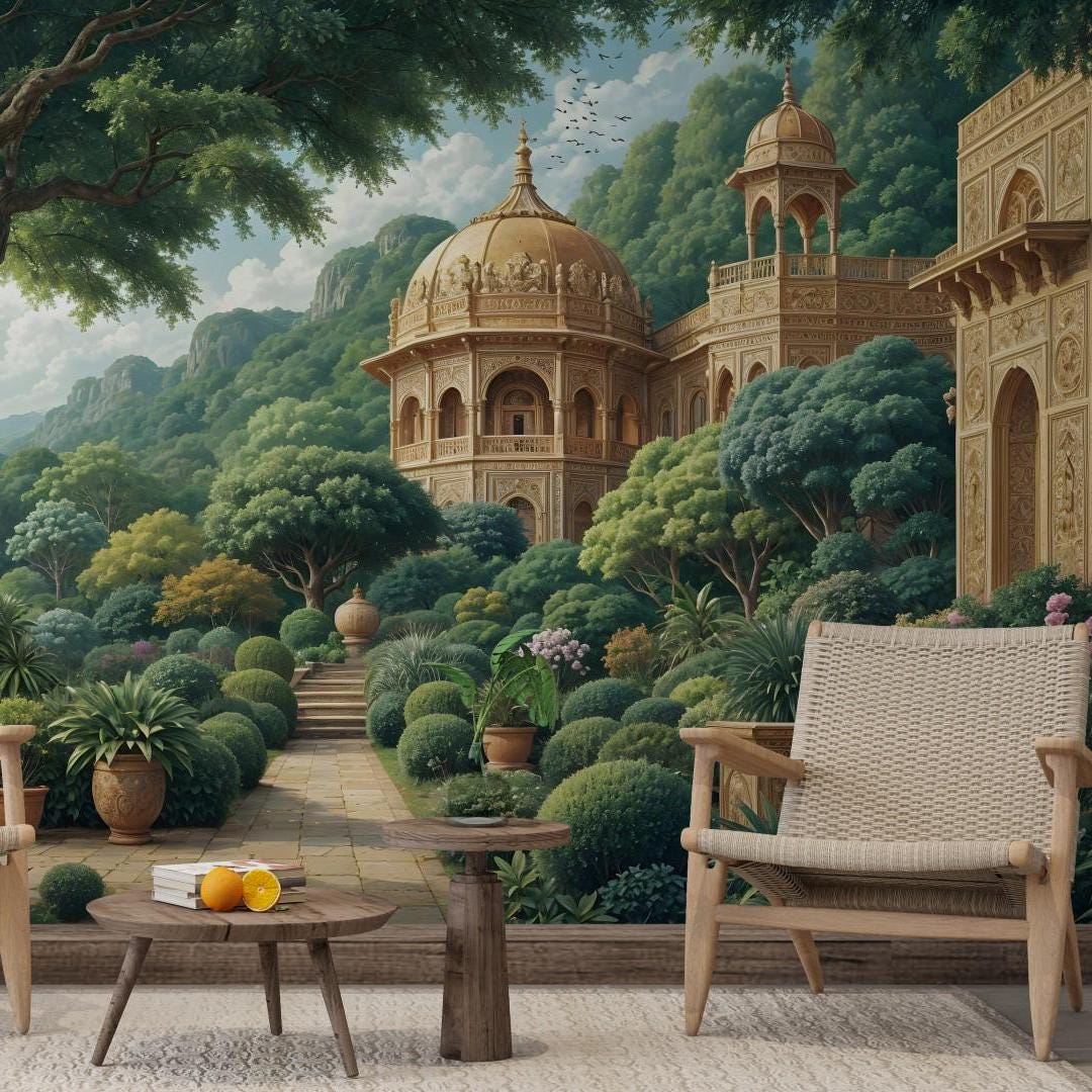Jaipur Golden Palace Garden Peel and Stick Wallpaper, Lush Landscape Non Woven Mural, Botanical Digital Print Wallpaper