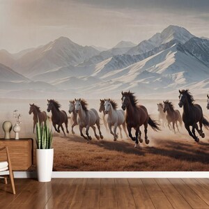 Carta da parati con cavalli e carta da parati con paesaggi di montagna e semplici, carta da parati decorativa, carta da parati chic, decorazione murale rimovibile
