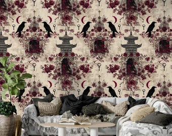 Papel pintado gótico de cuervo con diseño floral oscuro, despegable y adhesivo