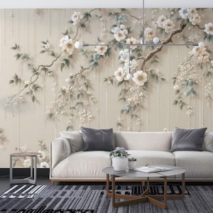 Carta da parati con fiori bianchi chinoiserie, carta da parati crema e beige, carta da parati chic, carta da parati decorativa, decorazione murale rimovibile