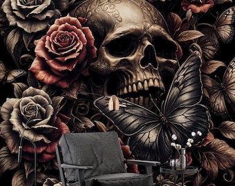 Gothic Skull Wallpaper Rose Butterfly Mural Peel and Stick Removable