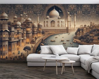 Moonlight Taj Mahal Peel and Stick Wallpaper, Non-Woven Indian Cityscape Mural, Vinyl Mughal Architecture Wallpaper, River Boats Decor