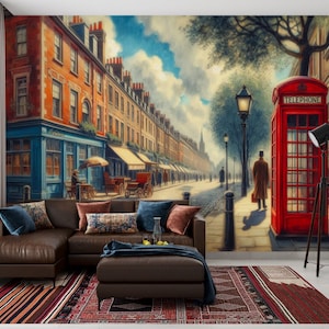 Carta da parati retrò nostalgica con cabina telefonica vintage inglese, carta da parati decorativa, carta da parati chic, decorazione murale rimovibile