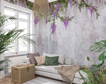 Wisteria Floral Wallpaper, Lavender Lilac Wall Mural, Non Woven, Peel and Stick