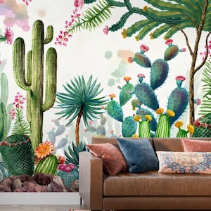 Carta da parati Cactus, murale tema Messico verde dipinto d'arte, murale rimovibile Peel & Stick, carta da parati moderna decorativa chic per la casa