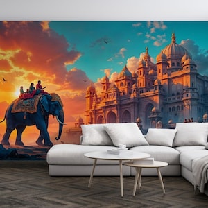 Jaipur Tempel Tapete, indische Stadt Tapete, dekorative Tapete mit Elefanten, moderne Tapete, abnehmbares Wandbild Dekor